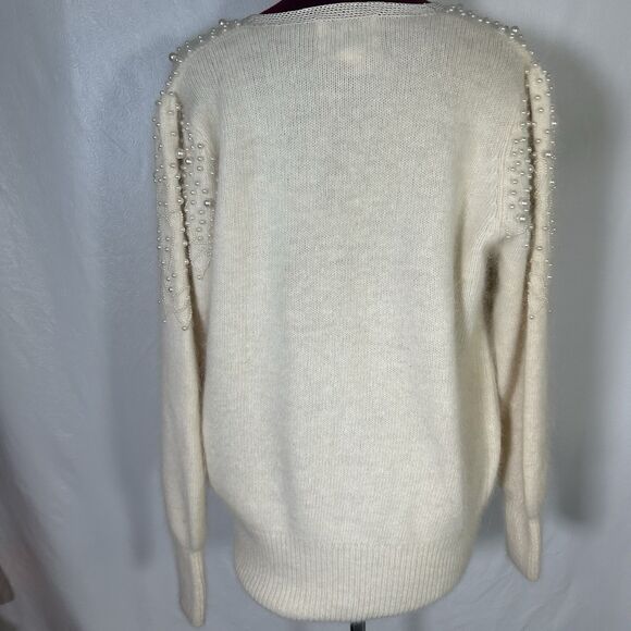 Vintage 80s Side Effects Beaded Ivory Wool Angora Rabbit Hair Sweater Sz M - Picture 9 of 16